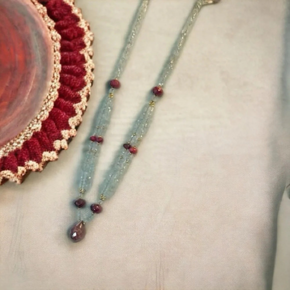 Hand-Faceted Raw Ruby & Aquamarine Gold Over Sterling Necklace - Picture 6 of 6